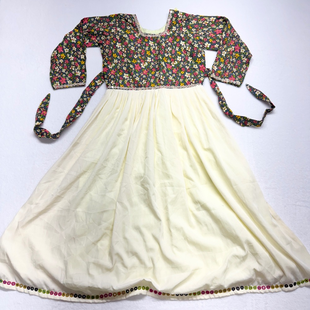 Unbranded Vintage Boho Floral Mirror Work Dress Womens M Cream‎ Cotton Midi L